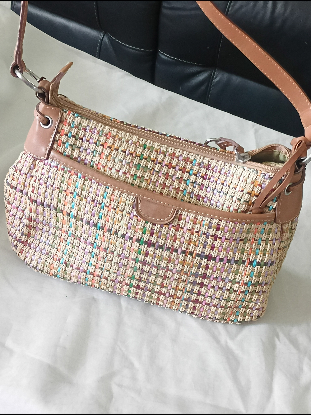 Fossil Multicolor Woven Shoulder Bag with Tan Trim
